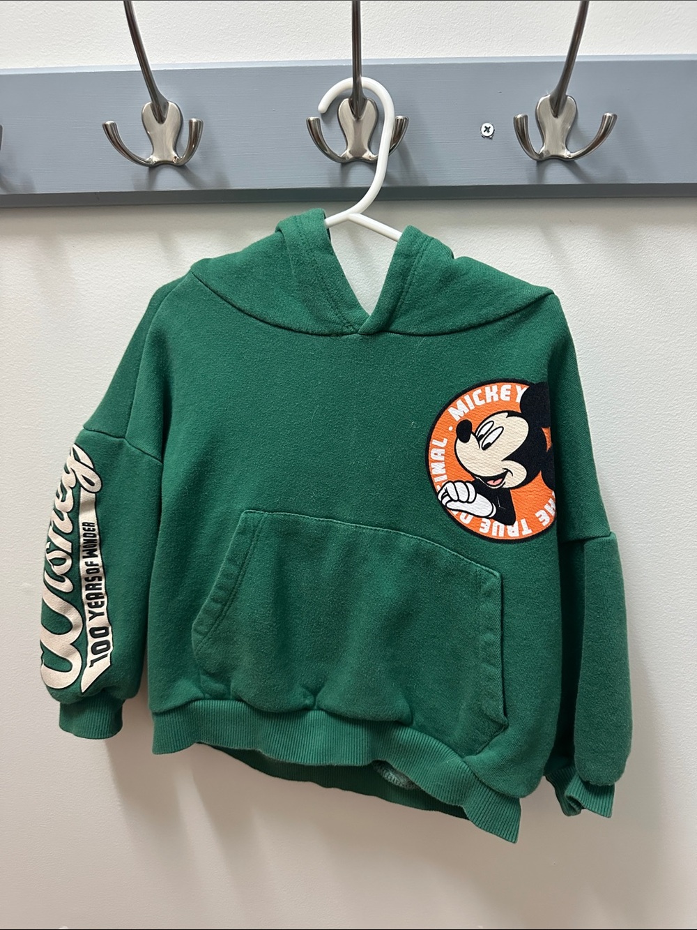 Zara Green Kids Hoodie with Mickey Patch and Sleeve Print